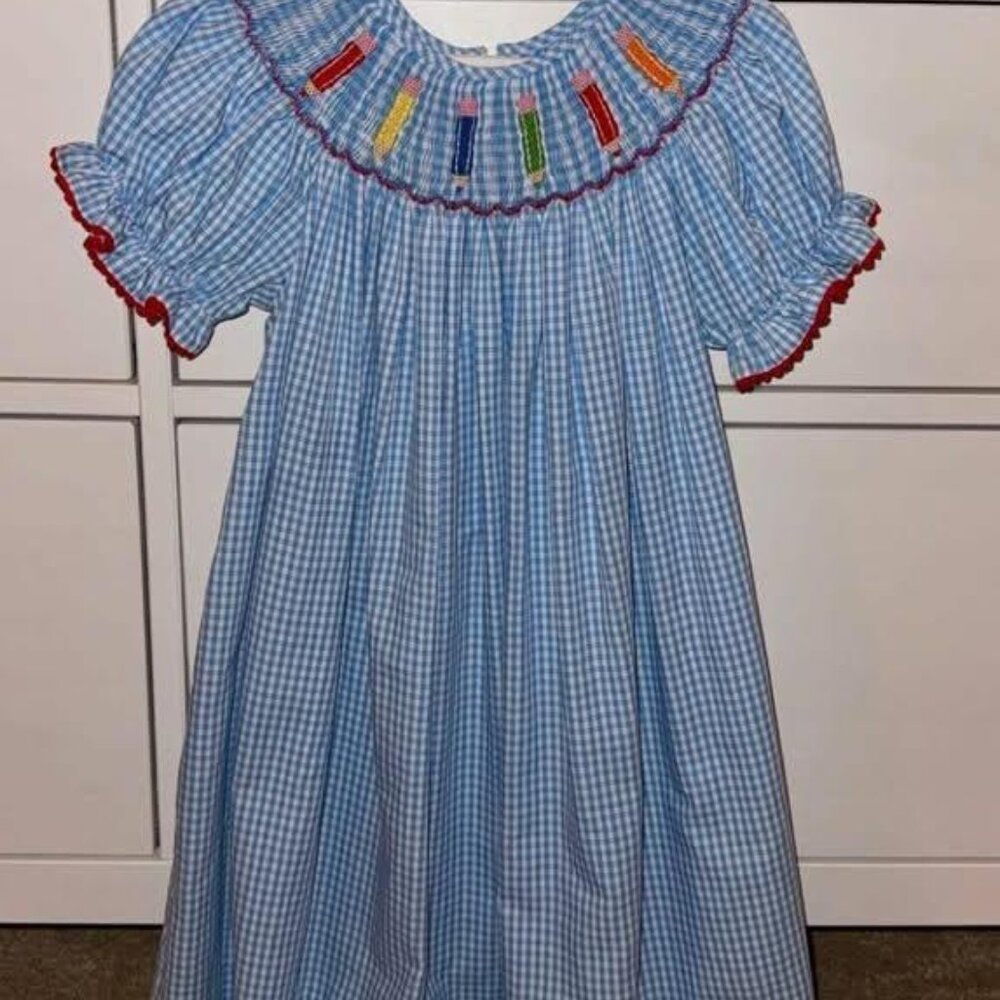 Velani Classics Girls Smocked School Crayon Bishop Dress 4T